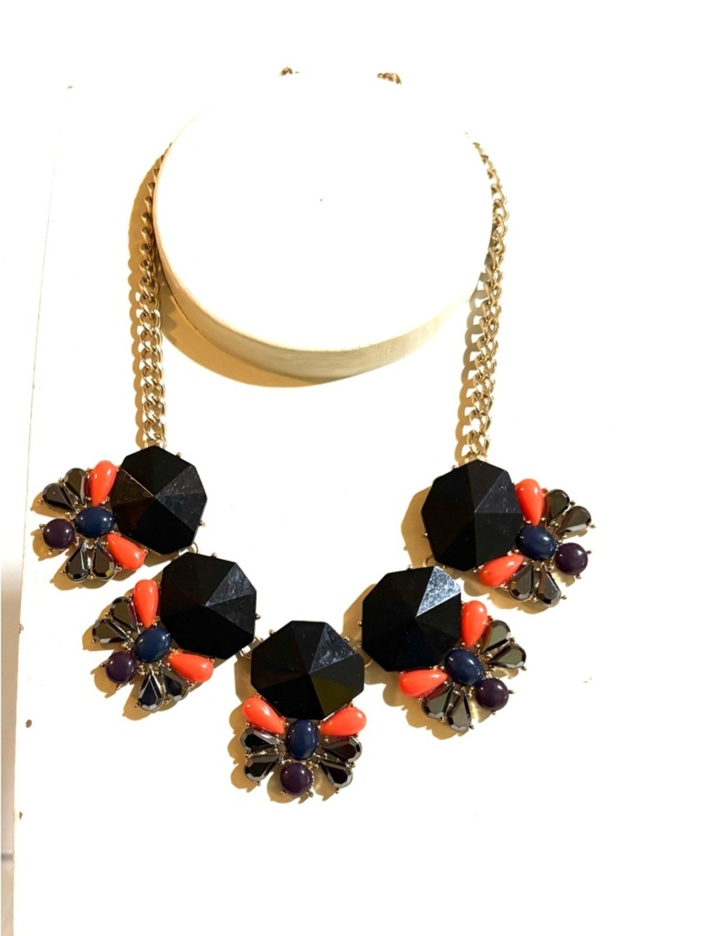 Fashion Jewelry Black, Coral & Navy Floral Bib Necklace